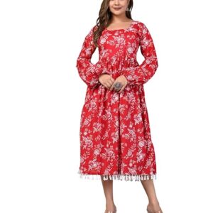 Red Floral Printed Cotton Midi Dress for Women