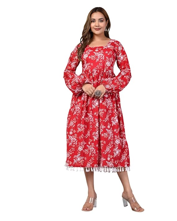 Red Floral Printed Cotton Midi Dress for Women - Copy