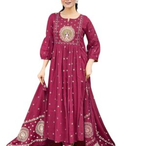 Women's Cotton Embroidered Anarkali Kurti with Malmal Dupatta Set