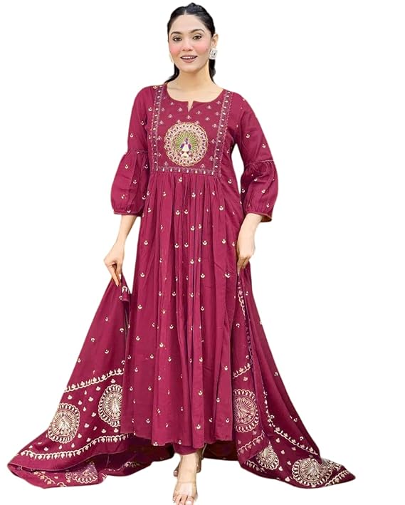 Women's Cotton Embroidered Anarkali Kurti with Malmal Dupatta Set - Copy