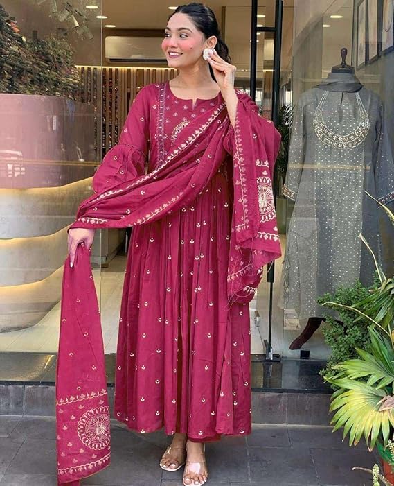 Women's Cotton Embroidered Anarkali Kurti with Malmal Dupatta Set