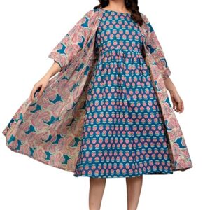 Women Teal Printed Midi Dress with Cape Jacket-M