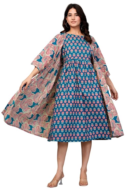 Women Teal Printed Midi Dress with Cape Jacket-M - Copy