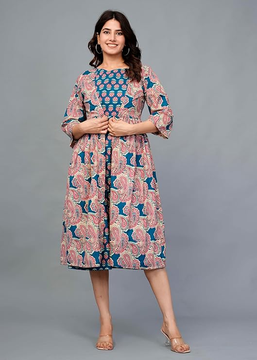 Women Teal Printed Midi Dress with Cape Jacket-M