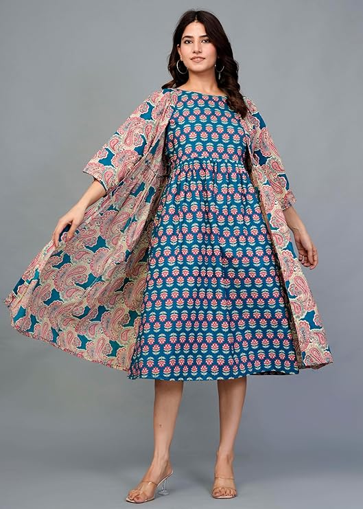 Women Teal Printed Midi Dress with Cape Jacket-M
