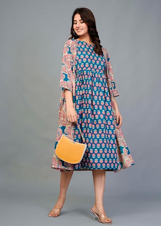Women Teal Printed Midi Dress with Cape Jacket-M