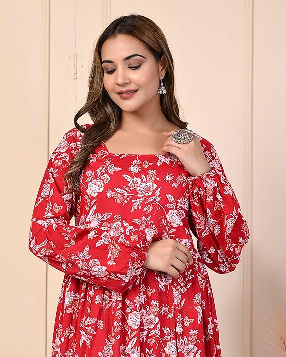 Red Floral Printed Cotton Midi Dress for Women - Copy