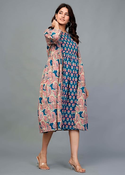 Women Teal Printed Midi Dress with Cape Jacket-M