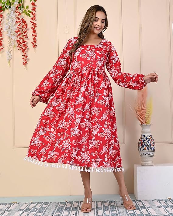 Red Floral Printed Cotton Midi Dress for Women - Copy