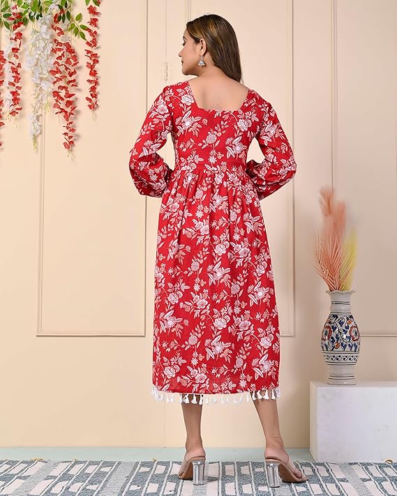 Red Floral Printed Cotton Midi Dress for Women - Copy