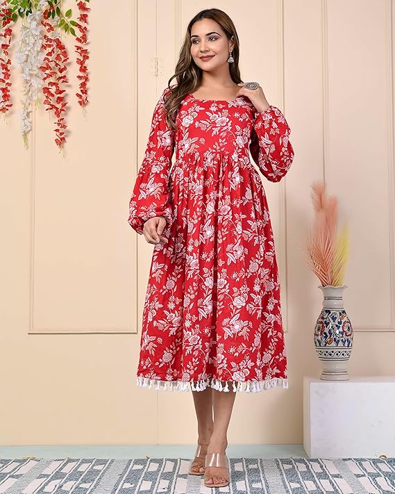 Red Floral Printed Cotton Midi Dress for Women - Copy